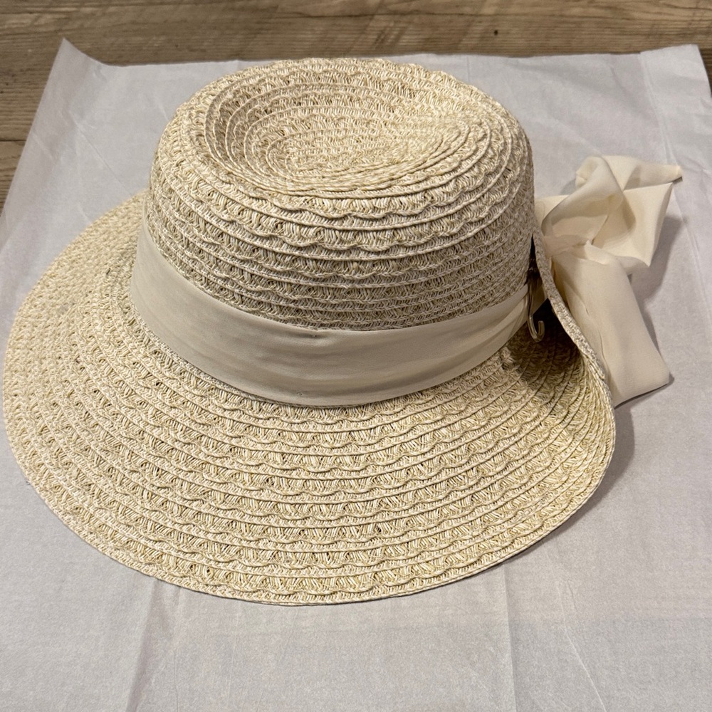 Nine West Cream Straw Sun Hat with Ribbon Bow